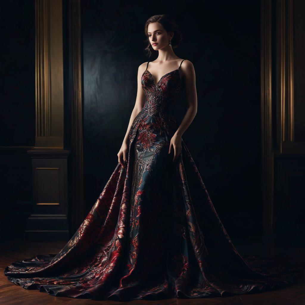 A stunning silhouette of a woman gracefully posing in an elegant, flowing gown that accentuates her dark curves. The setting features soft, ambient lighting with rich, deep colors that evoke sophistication. Intricate patterns in the background hint at opulence, while delicate floral accents add a touch of femininity. The overall mood is a blend of allure and elegance. super-realistic. vibrant colors. soft focus.