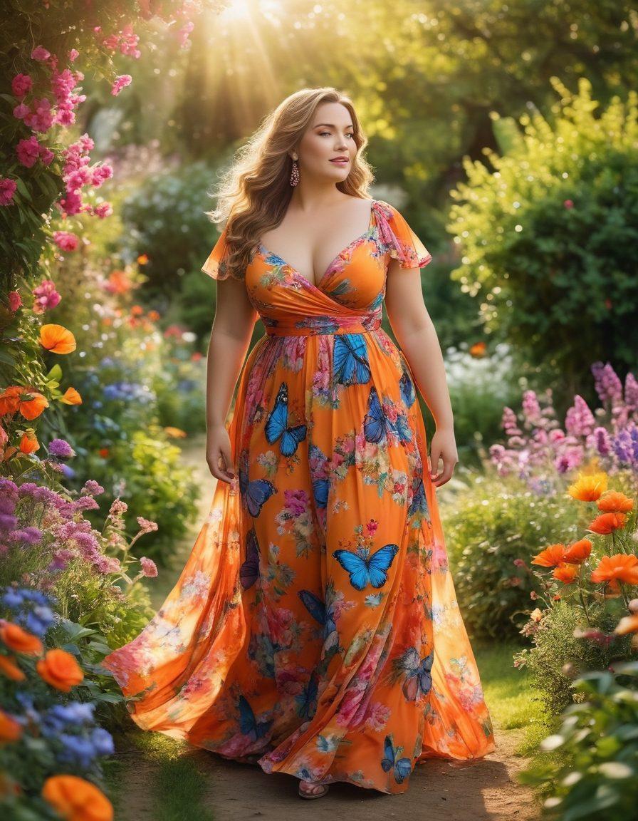 A confident and charismatic full-figured woman exuding beauty and grace while standing in a blooming garden surrounded by vibrant flowers. She wears a flowing, colorful dress that accentuates her curves, with soft sunlight illuminating her skin. The background showcases a dreamy, whimsical atmosphere that highlights her allure and charm. Include butterflies fluttering around her to add a touch of magic. super-realistic. vibrant colors. soft focus.